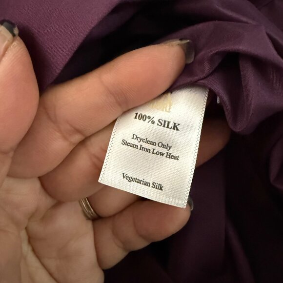 La Fuori Eggplant Silk Ruffle Puff Sleeve Waist Tie Button Blouse Small NEW - Picture 7 of 7